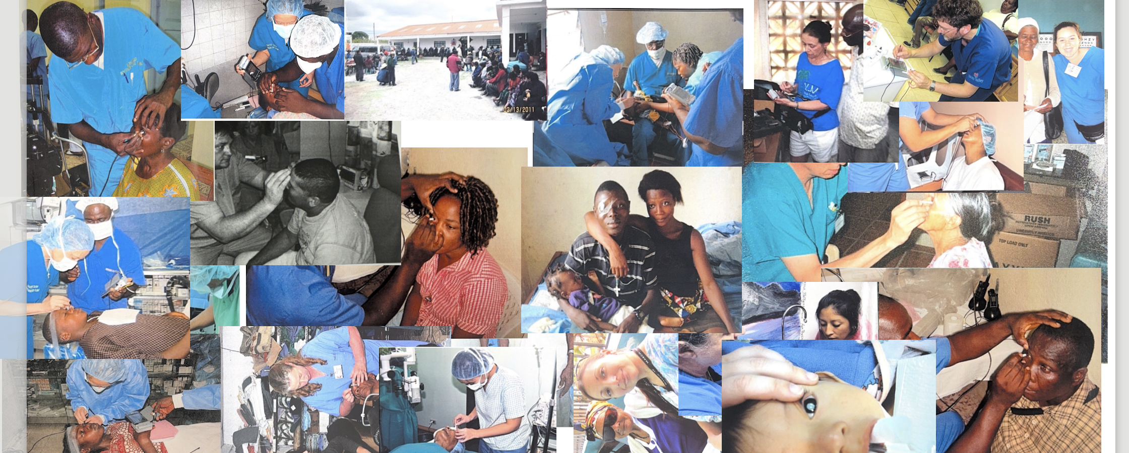 A collage of people receiving eye exams and treatments from healthcare professionals in clinical settings, as well as patients waiting in line outdoors, highlighting community eye care efforts.